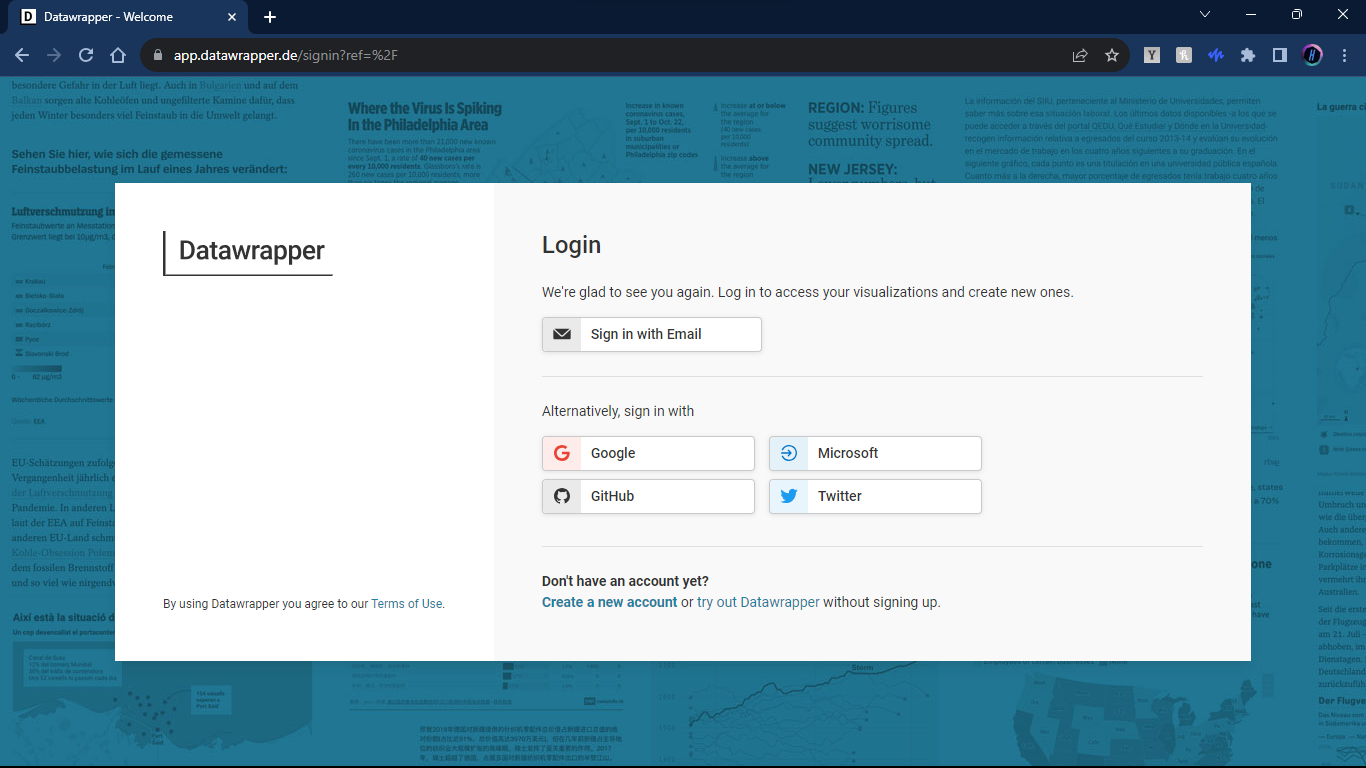 signing up for Datawrapper